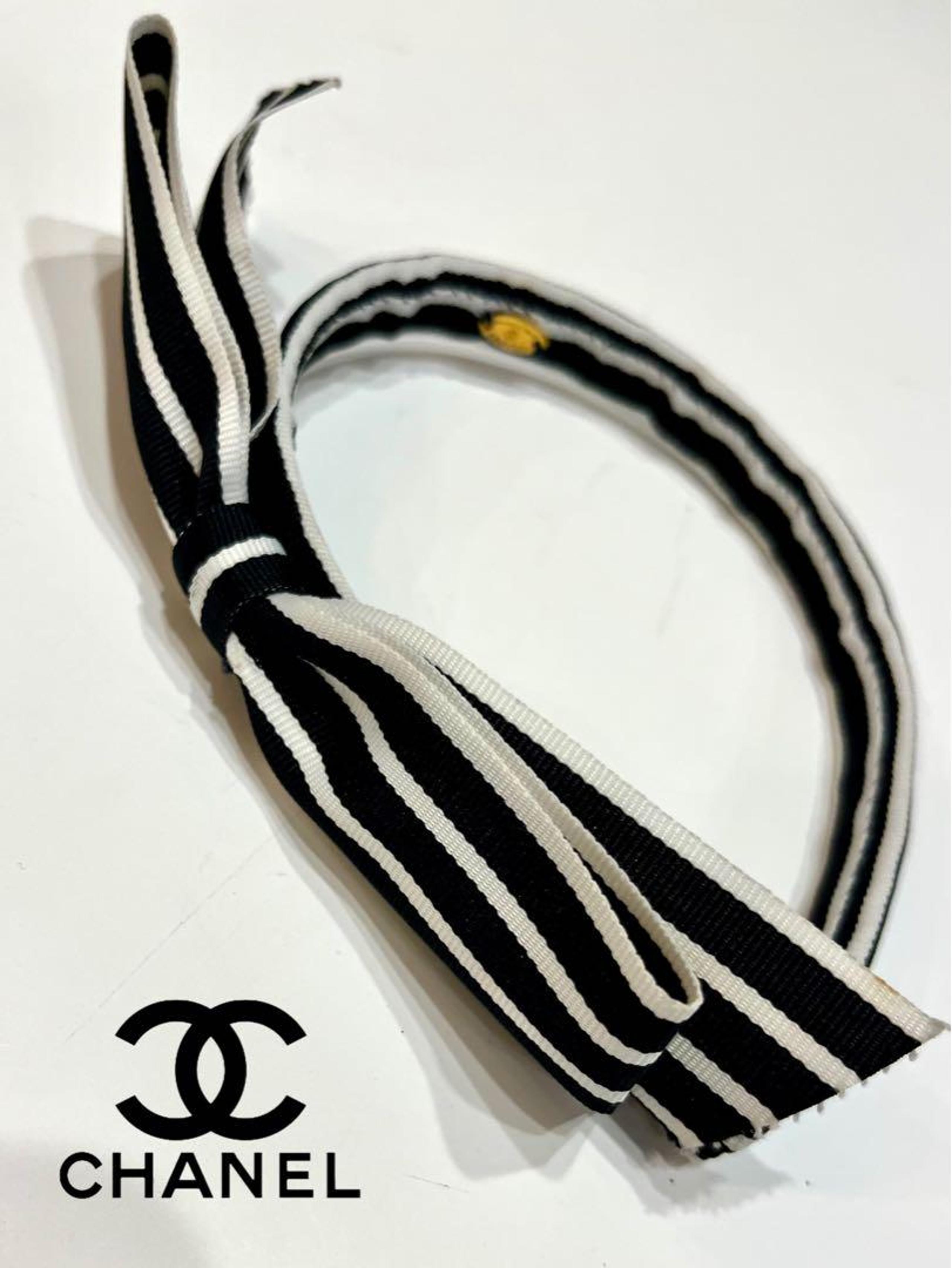 Excellent Condition Rare ☆ Chanel Hairband Ribbon Stripe Black and White Vintage