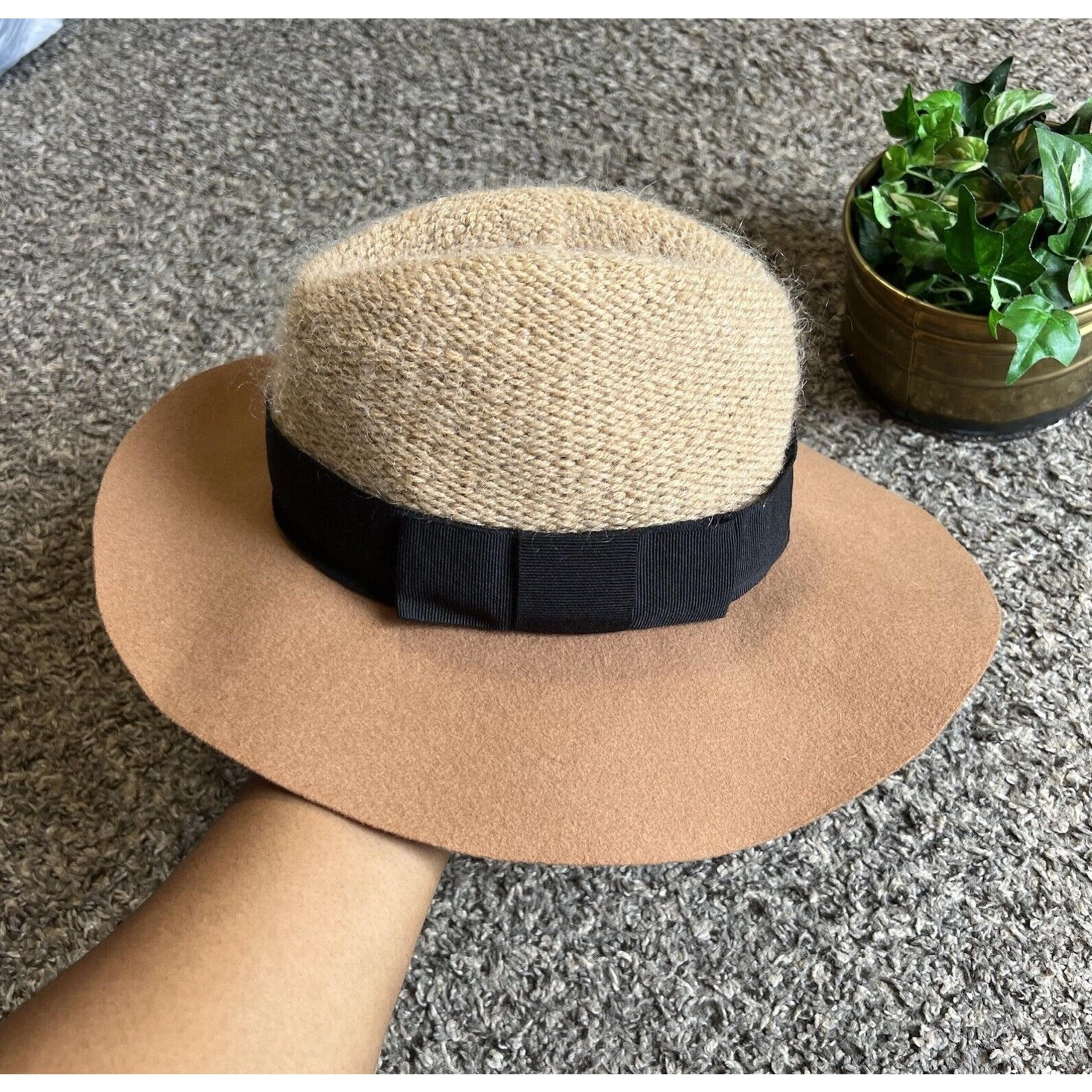 Anthropologie Bettina Womens Wool Mohair Hat Tan Brown Wide Brim OS