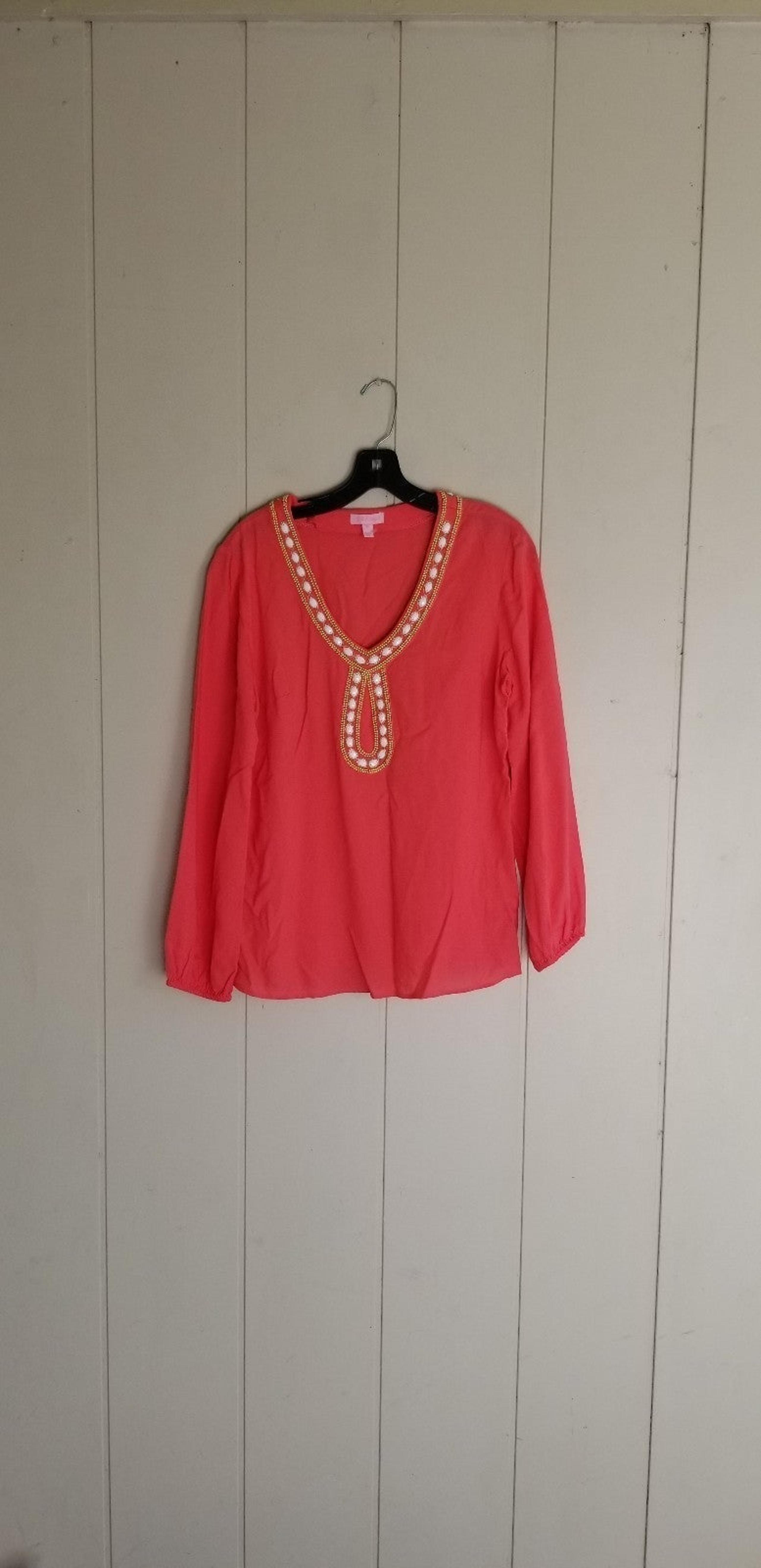 Lilly Pulitzer Tunic Top Womens Medium Coral White Beaded V Neck Cotton Bohemian