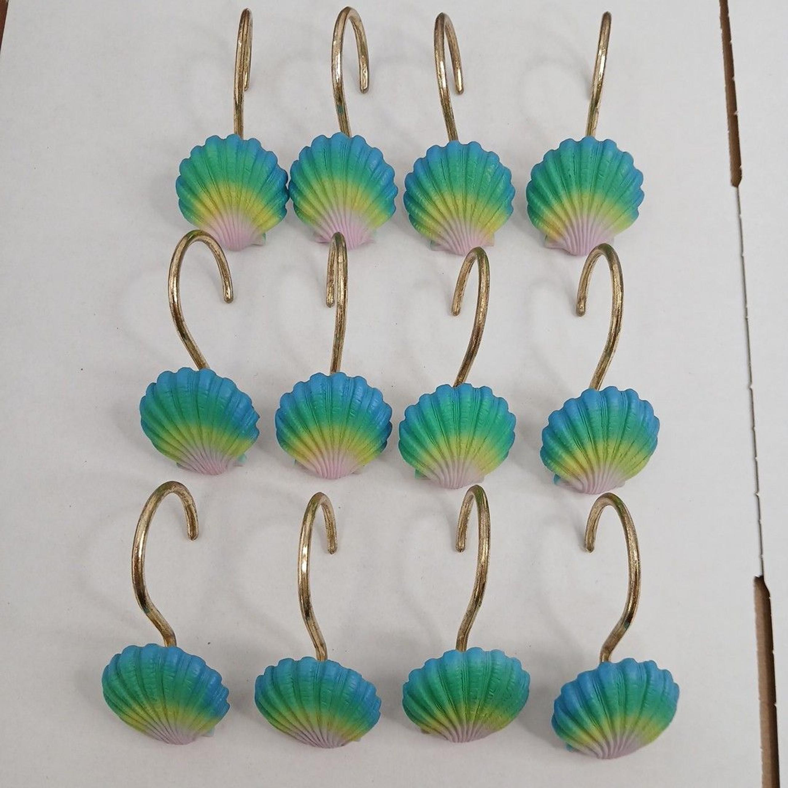 12 Hand Painted Resin Seashell Shower Curtain Hooks Bathroom Beach Shell Rainbow
