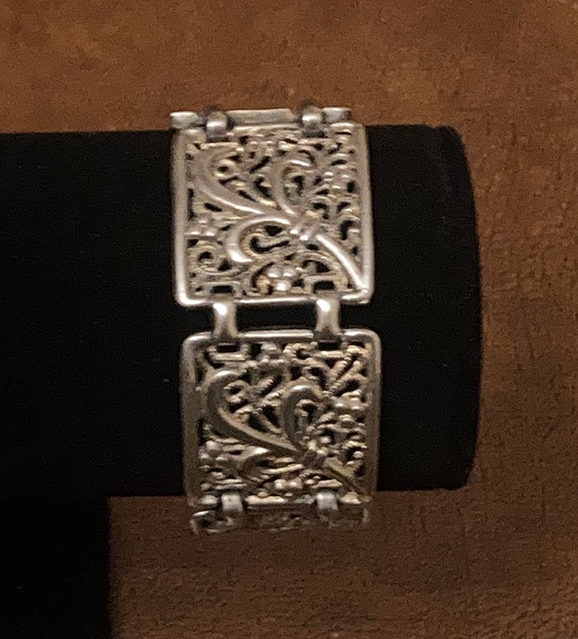 Vintage Silver Tone Filigree Link Panel Bracelet Floral 7 Statement