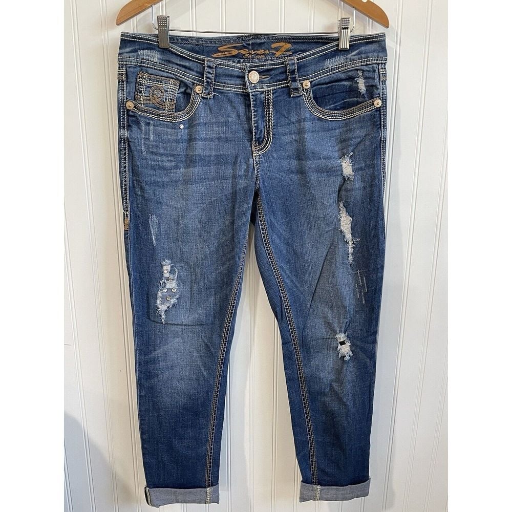 Seven 7 Skinny Jeans Womens 10 Blue Medium Wash Distressed Rhinestones Stretchy