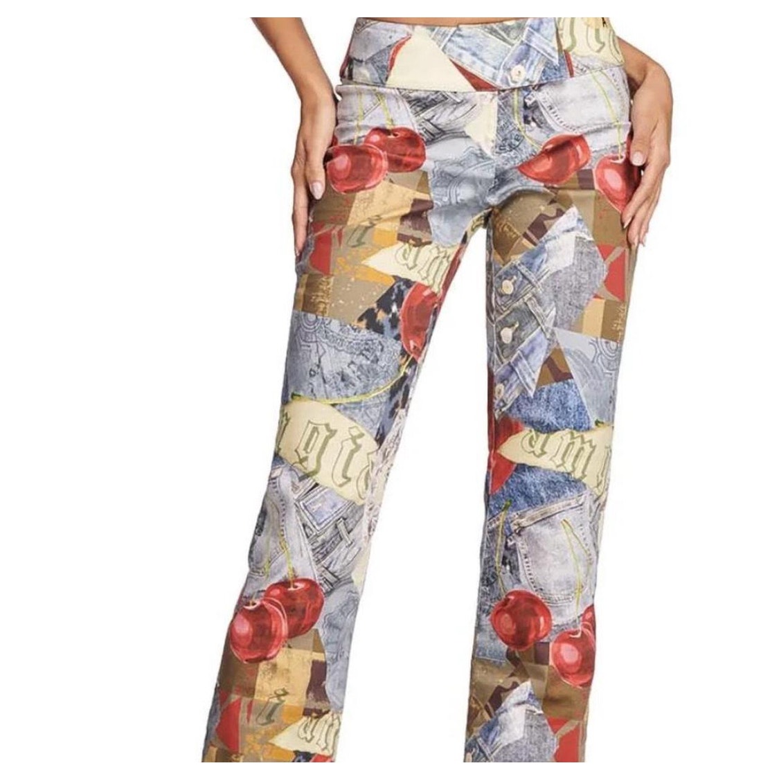 I. Am. Gia. Women's Size XL Blue Red Cherry Jean Print Ankle Pants Mid Rise