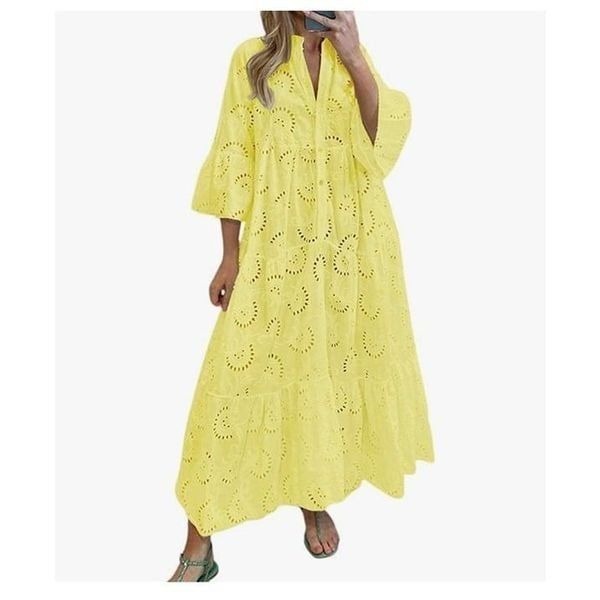 Lace Eyelet Embroidered Trumpet Sleeves Boho Dress