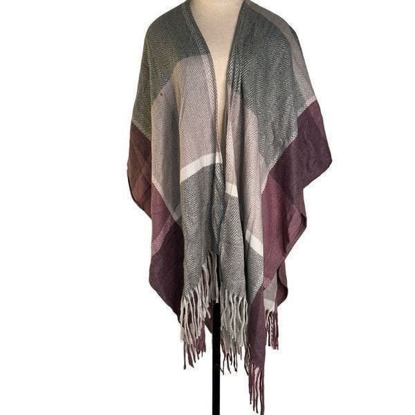 Woolrich Womens OS Purple & Gray Cozy Blanket Duster Sweater Wrap Fringe Trim