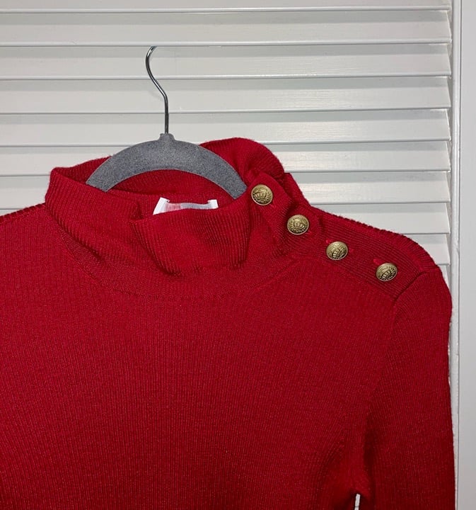 Red Valentino Red Cashmere Sweater with Gold Button & Ruffled Details