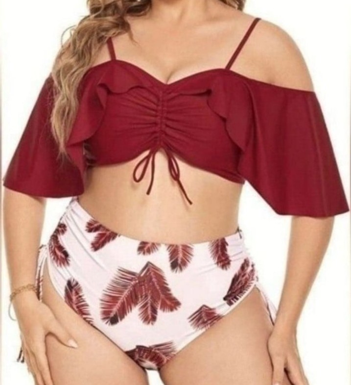 Plus Size Colorblock Tropical Print Drawstring Bikini Set sz 3X