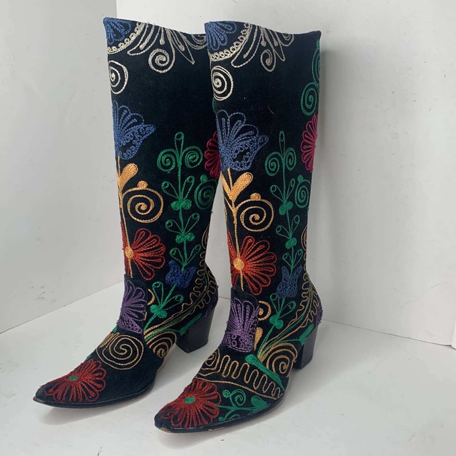 Hand crafted black suede embroidered western style knee high boots
