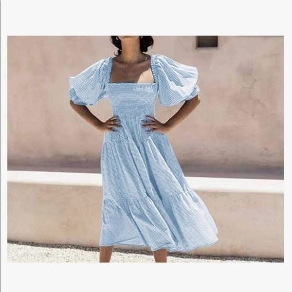 NEW Cotton Plaid Puff Sleeves Off-Shoulder mBoho Midi Dress