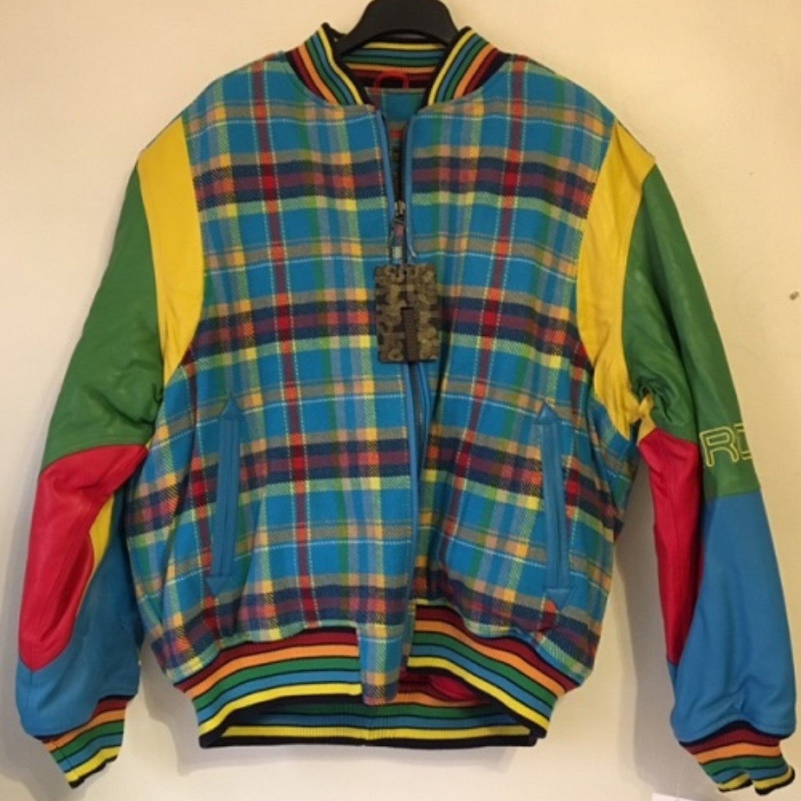 VINTAGE Crown by Schott Leather and Plaid Wool bomber Jacket 2XL