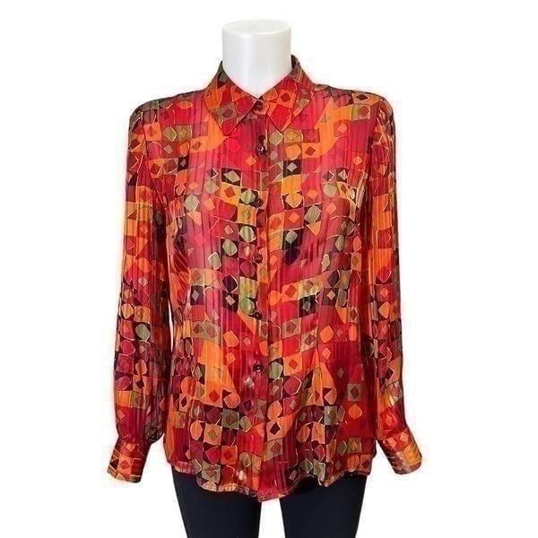 LUCA LUCA 100% Silk Sheer Multicolored Geometric Print Button Front Top sz 44 /M