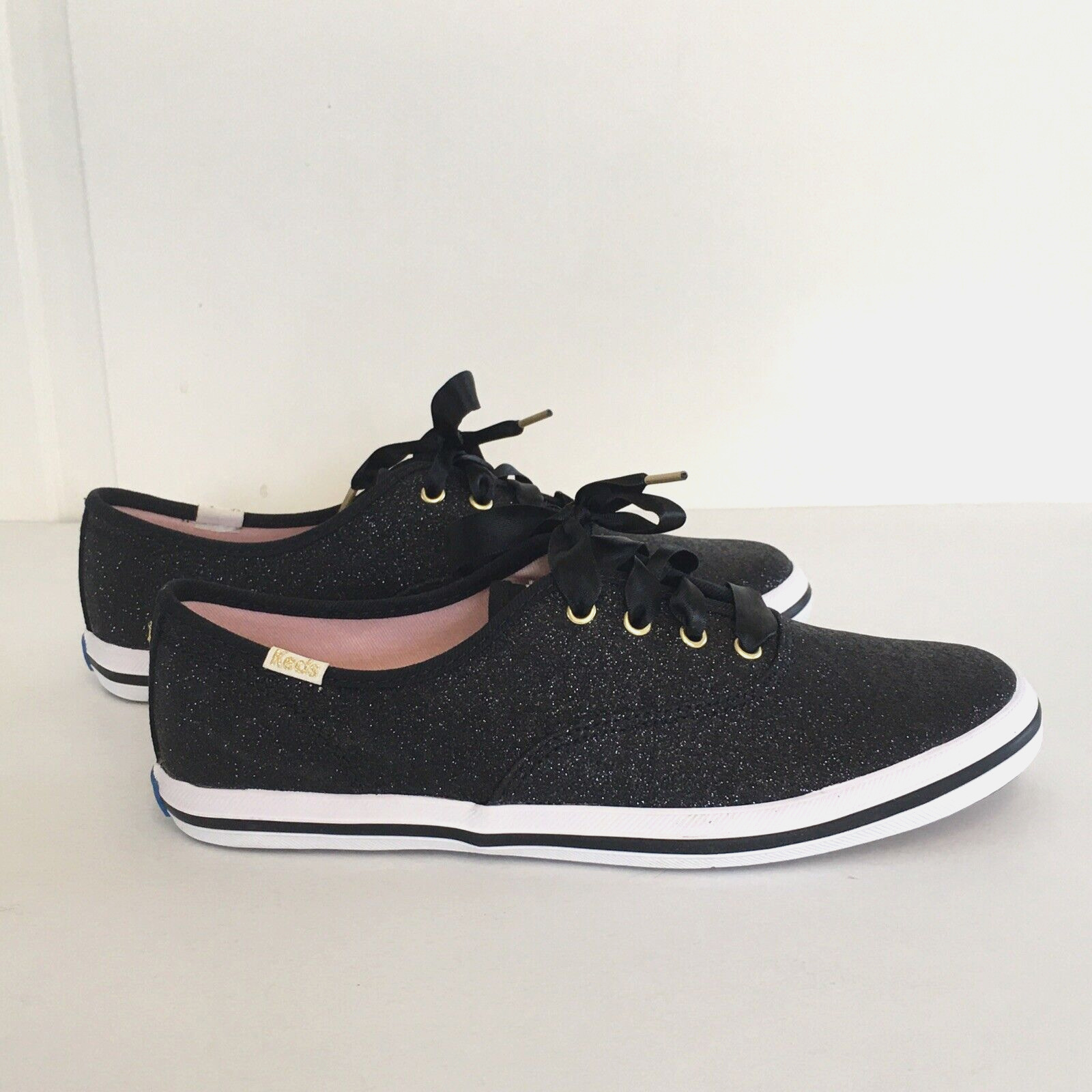 NEW Kate Spade Keds Black Glitter Sparkle Lace Up Sneaker Shoes Girls Sz 4 M
