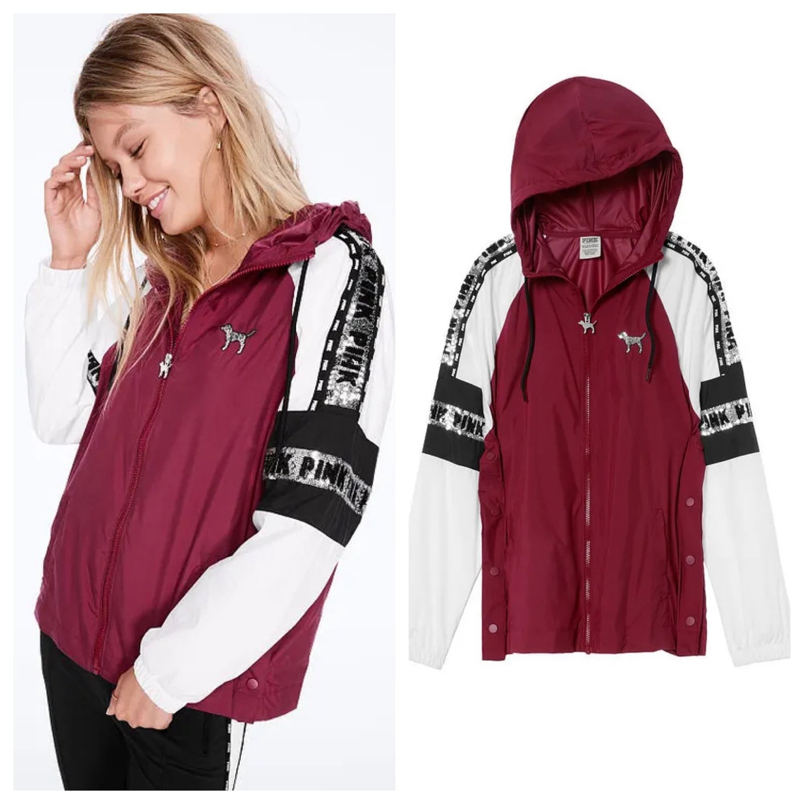 Vs Victoria's Secret PINK Bling Campus Full-Zip Anorak Jacket Merlot Night XS/S