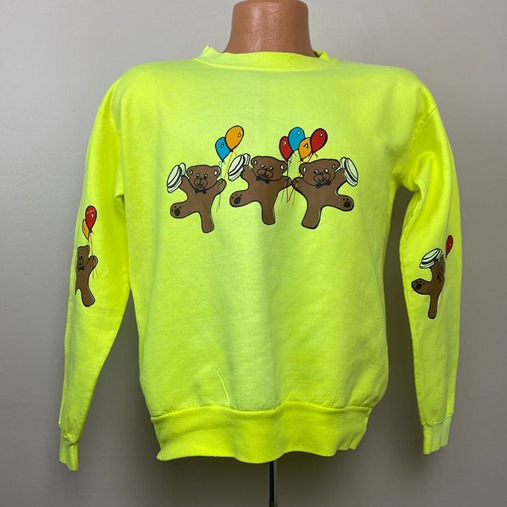 Vintage 1980s/90s Neon Yellow Sweatshirt, Teddy Bears, Local Heroes Size Medium