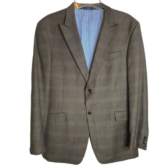 Tommy Hilfiger Men's Brown Plaid Single Breasted Two Button Wool Blazer Size 44