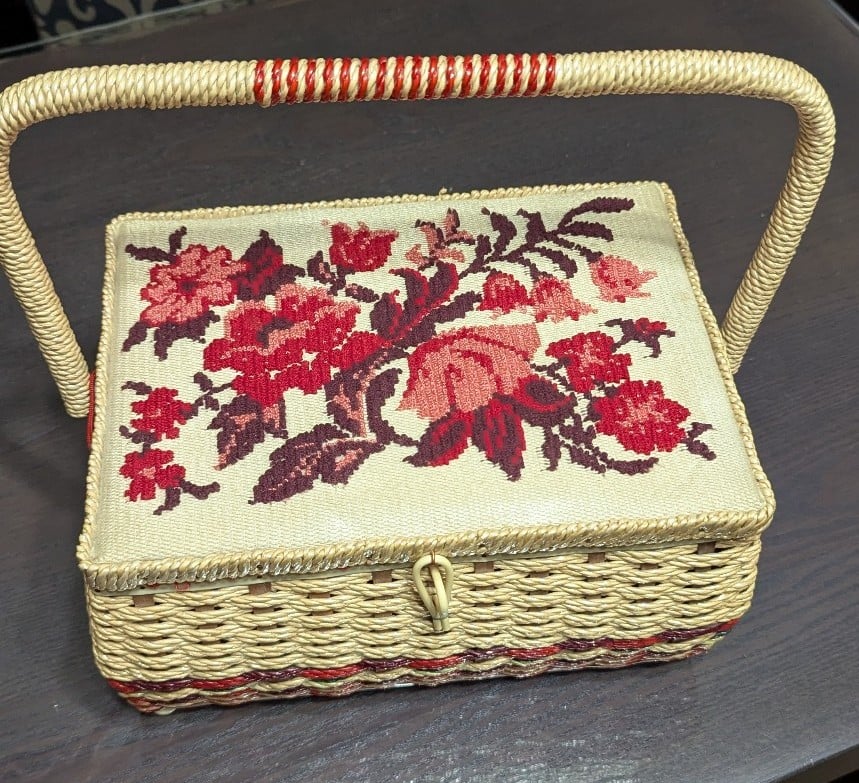 Vintage 1960’s Wicker Box Singer Sewing Red Satin Lined Tufted Pin Cushion