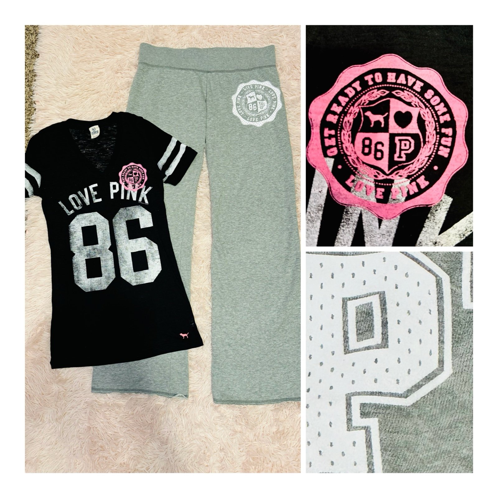 VS PINK vintage black white grey 86 pant flare boyfriend jersey logo tee shirt