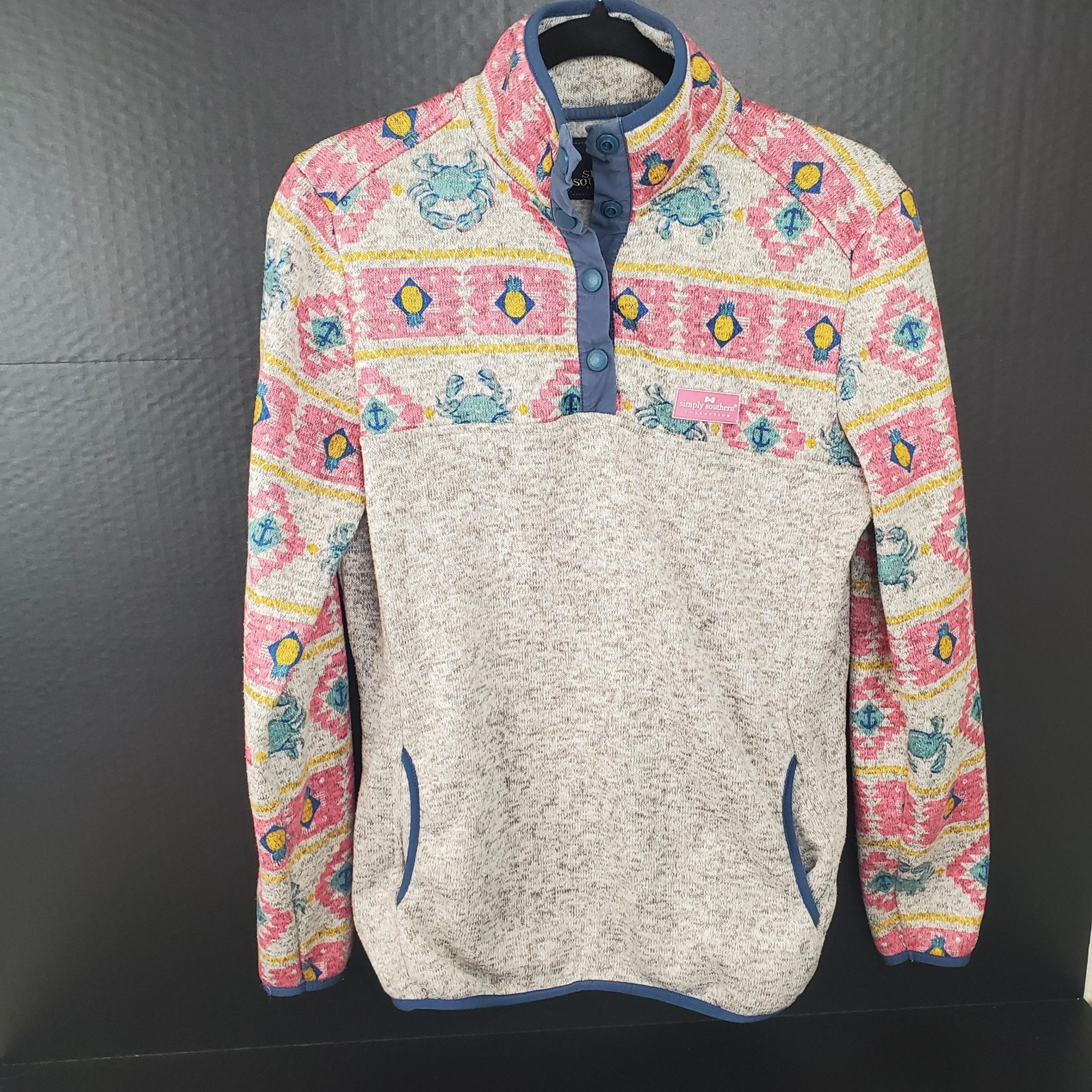Simply Southern Womens Small Crab Gray Knit Pullover Quarter Snap Sweatshirt