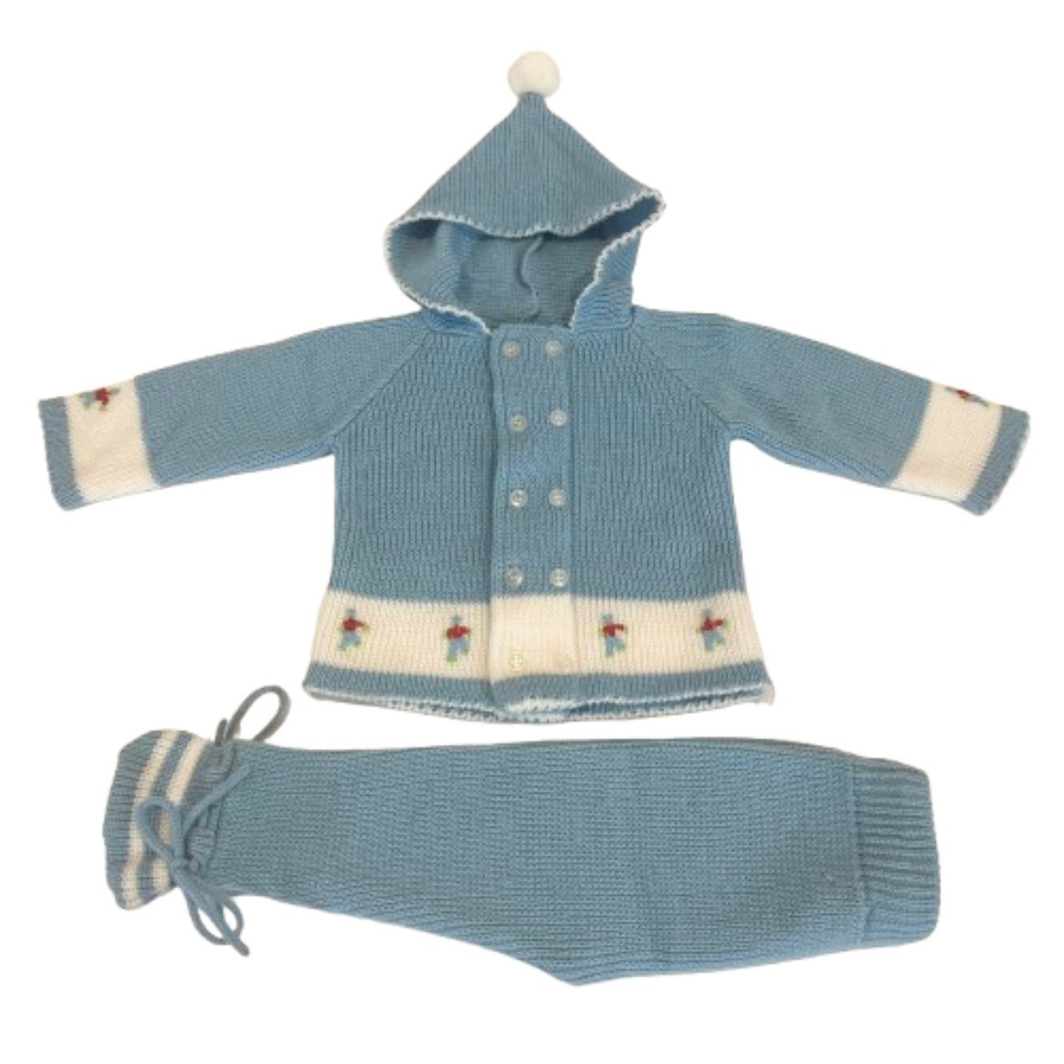 Vintage 70s 12 Months Blue Crochet Knit Newborn Baby Footsy Jumper Set Hood Pom