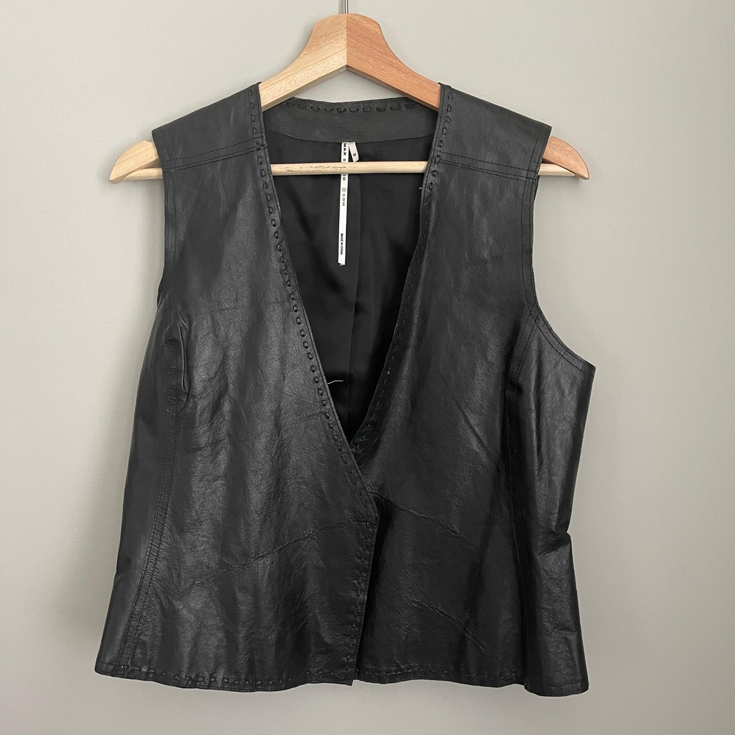 Max Studio Black Leather Motorcycle Style Vest M