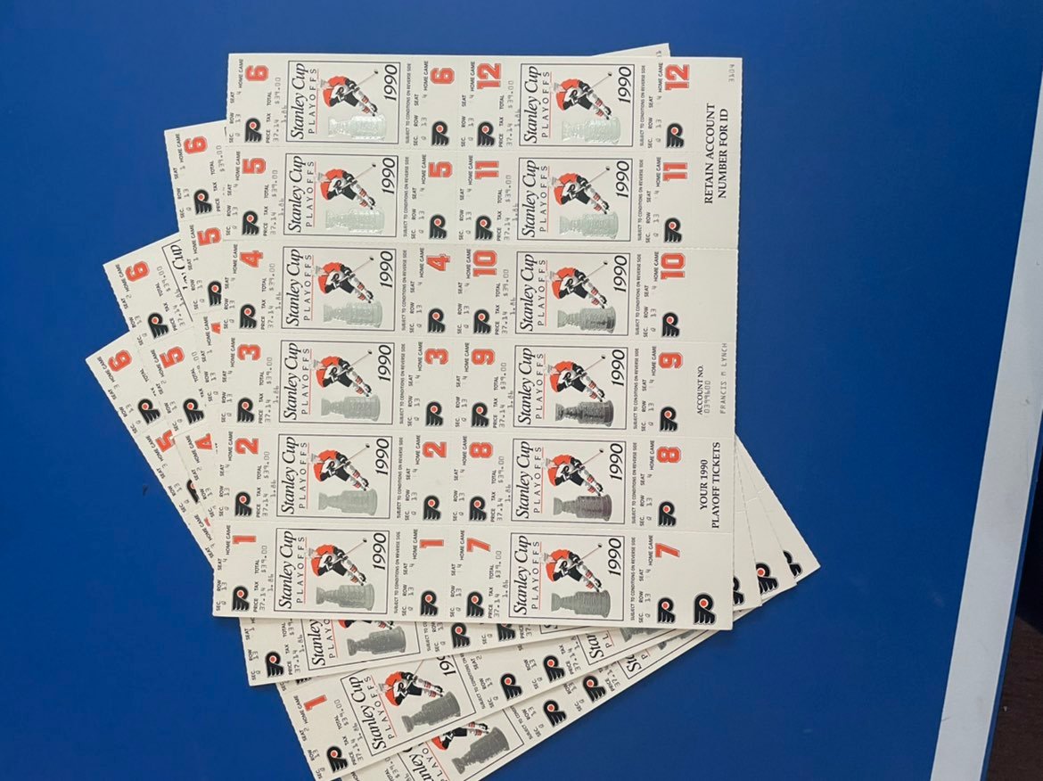 4 uncut sheets of Flyers 1990 Stanley Cup Tix