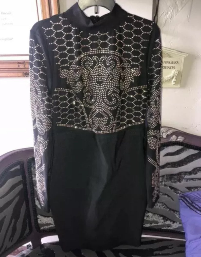Wow Couture Mercy Mock Neck Black & Gold Embellished Long Sleeve Dress Sz M Rare