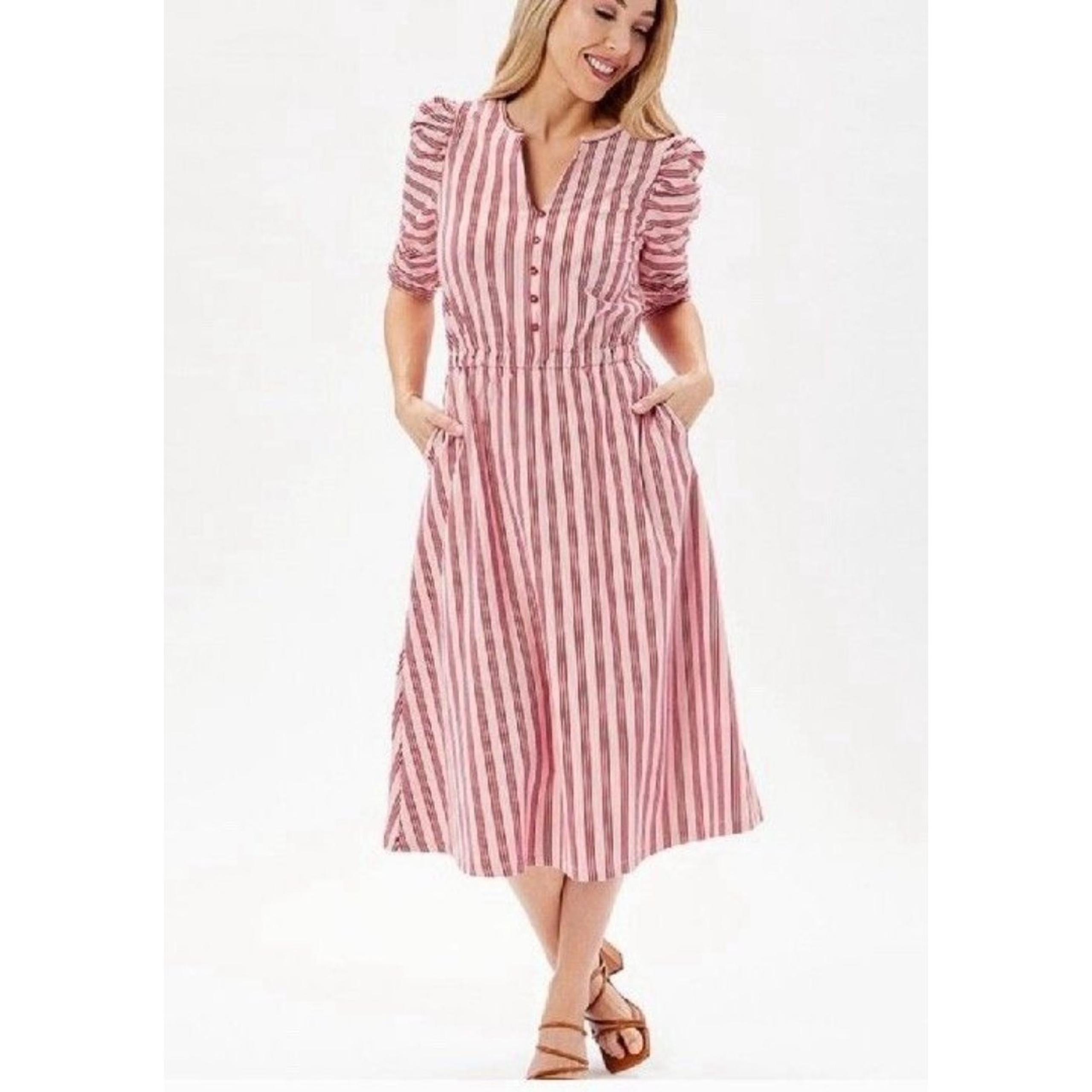 Matilda Jane Women's Size Small Red Stripe Puff Sleeve Pocket Midi Dress Cinch