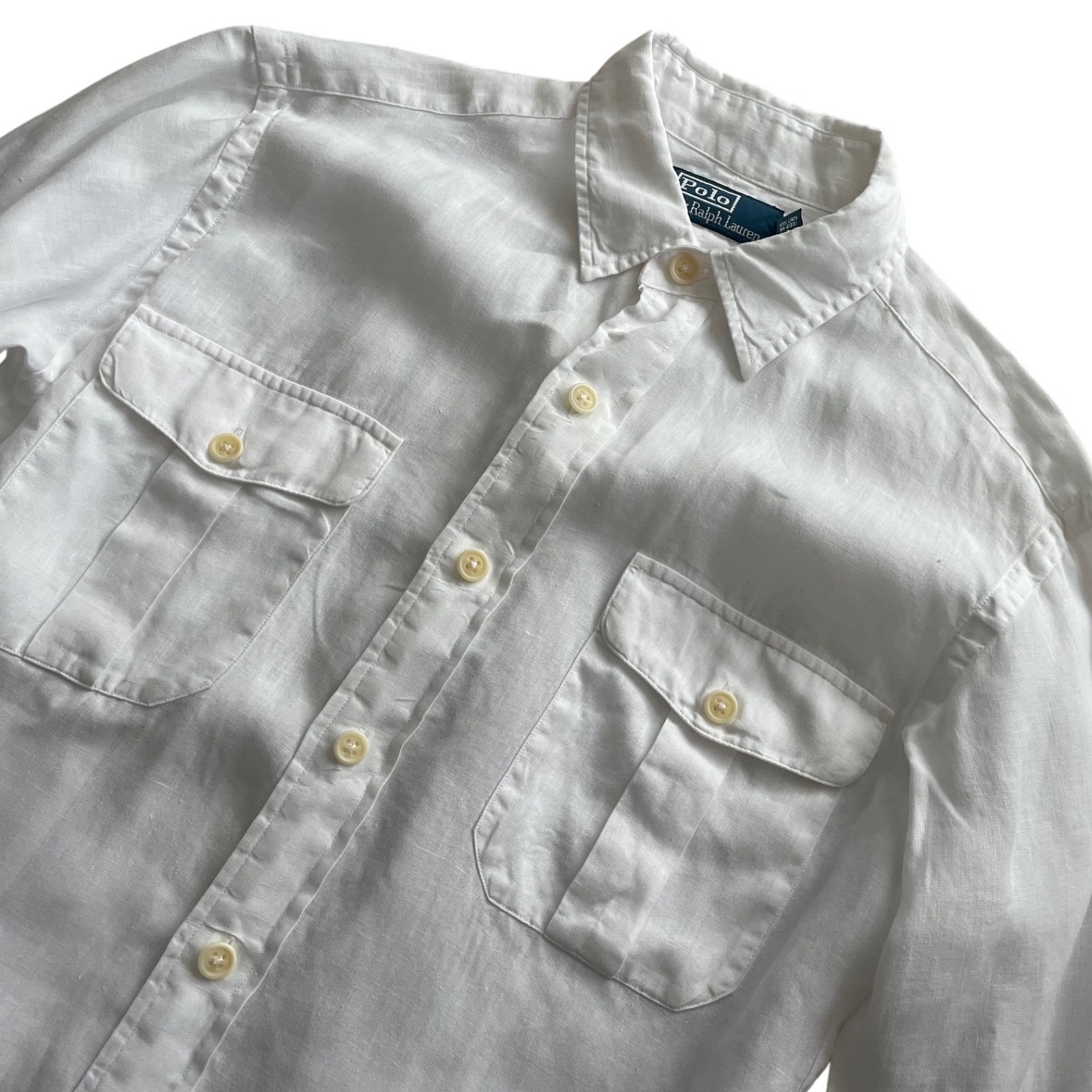 Vtg 90s Polo Ralph Lauren 100% Linen Button Up Workshirt Long Sleeve White Small