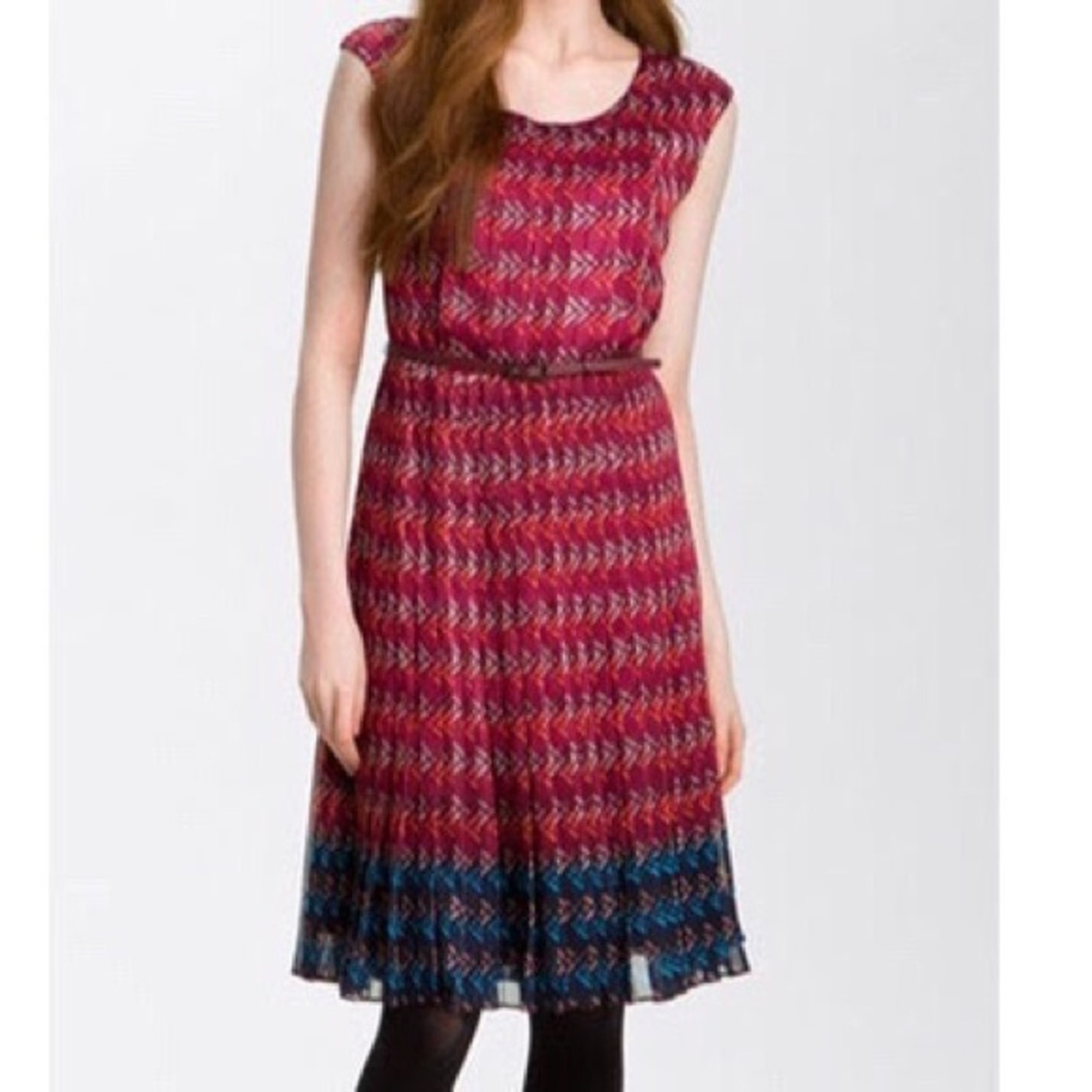 Halogen 4 Womens Maroon Printed Chiffon Pleated Dress