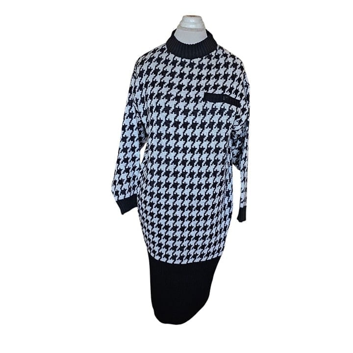 Vintage 80s Houndstooth Sweater Dress Midi Sz Medium Black White Preppy Mockneck