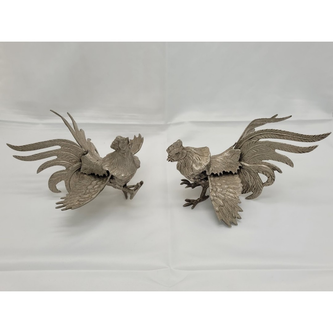 Vintage Silver Tone Metal Fighting Roosters Decorative Sculpture Pair