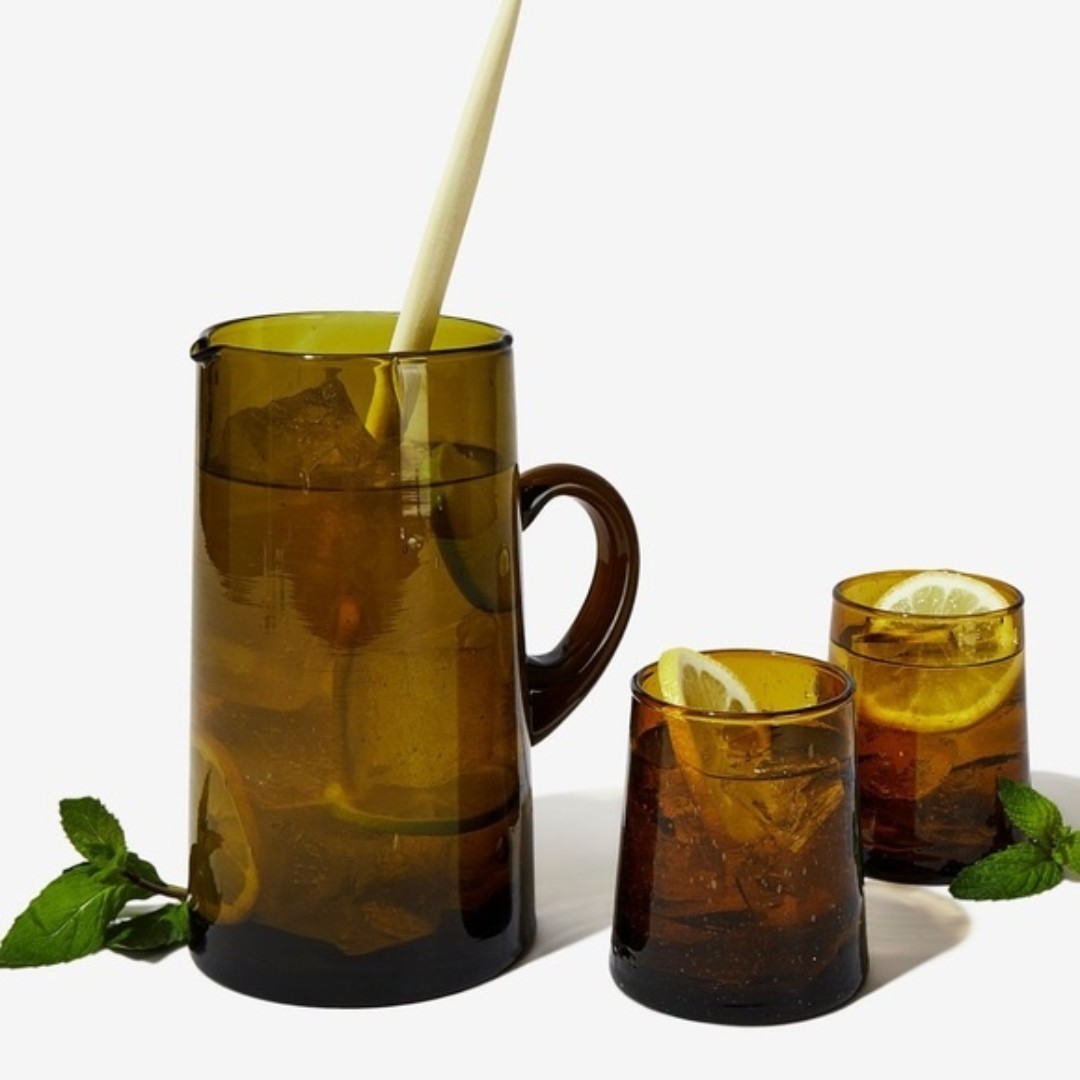 Moroccan 4 Piece Hand-blown Amber Glass Pitcher and Glasses Set