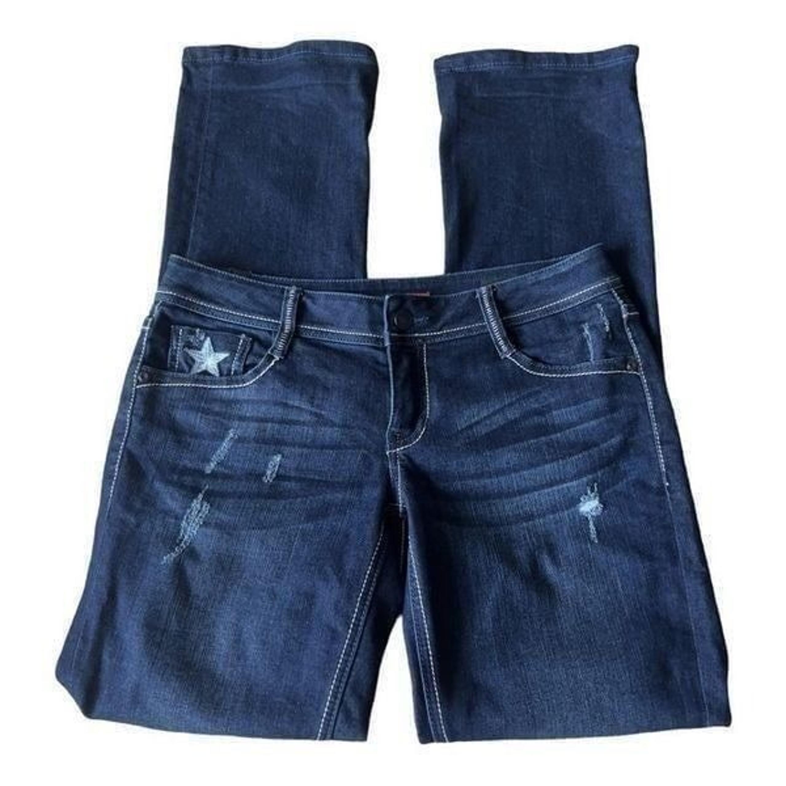 People’s Liberation Juniors Dark Wash Low Rise Distressed Slim Bootcut Jeans
