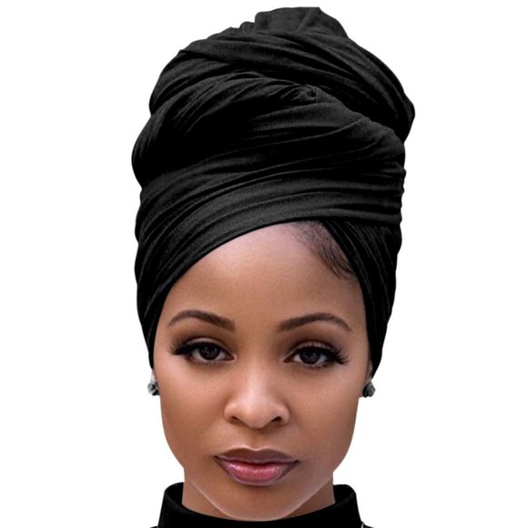 Women's Long Stretch Jersey Breathable Lightweight Summer Hair Wrap Black Color