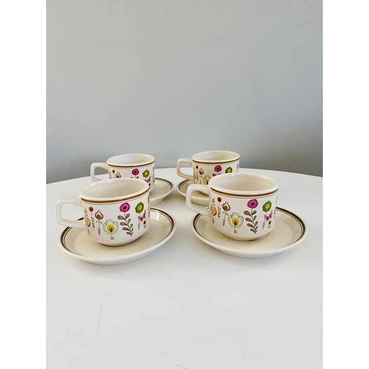 Vintage Temper-ware by Lenox Sprite Pattern Teacups and Saucers, Set of 4, Mid C