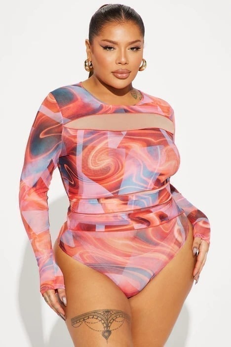 Marbled Crew Neck Stretch Mesh bodysuit Size L RefM010