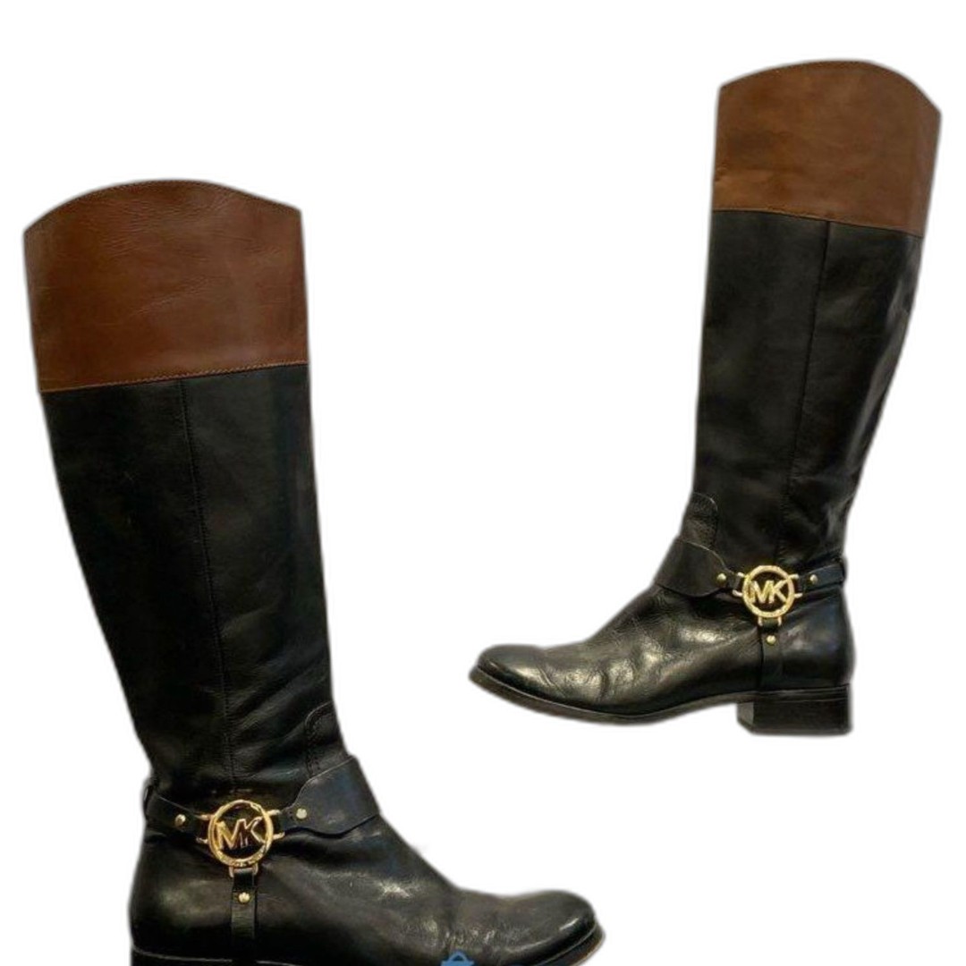 Michael Kors Fulton Harness Black/Brown Leather Tall Riding Boot - Size 8
