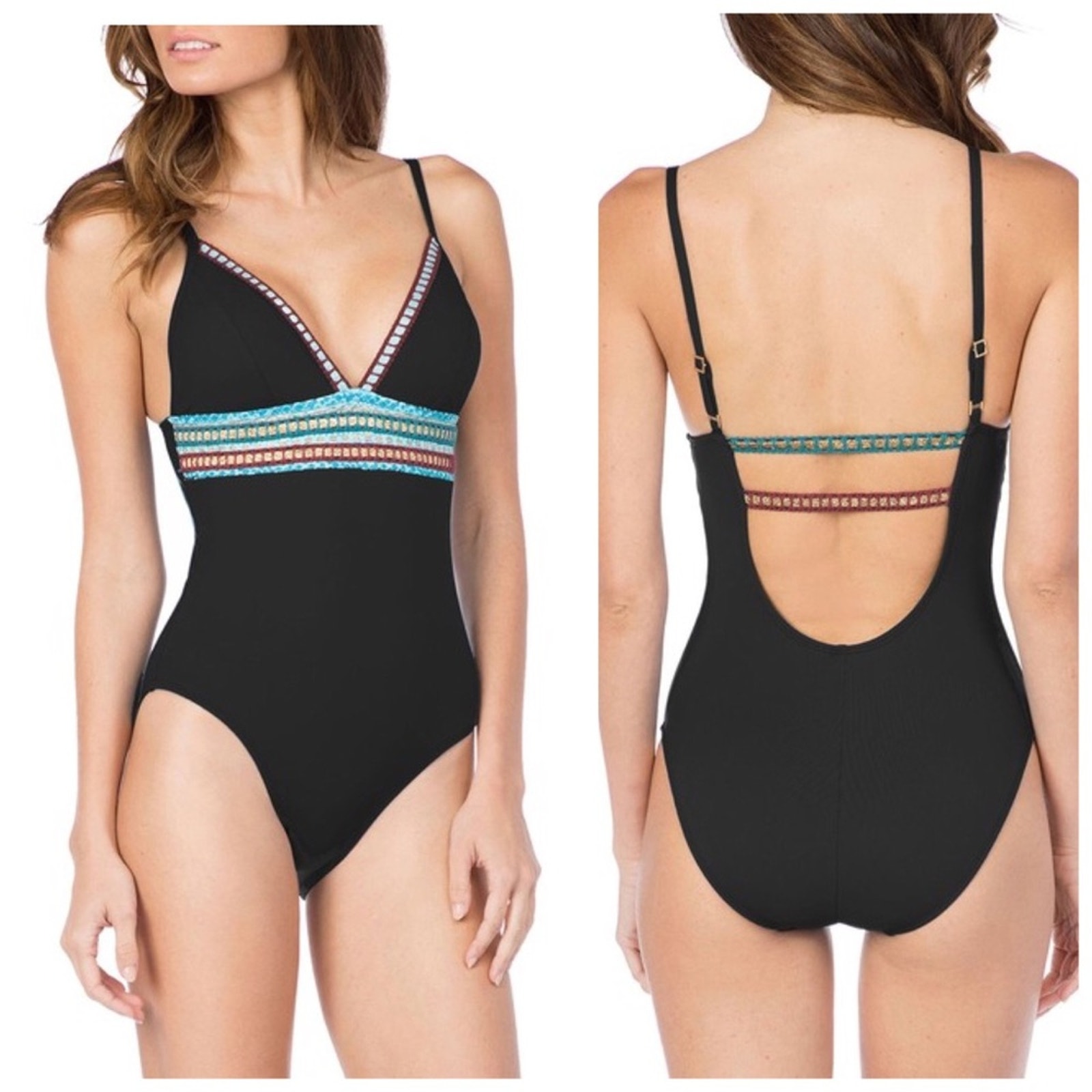 La Blanca NWT Boho Swimsuit Black & Blue Stitch One Piece Size 4