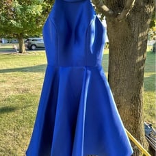 Alyce Paris Fit & Flare Mini Blue Dress Party Halter Pockets SZ 4 Worn 1x