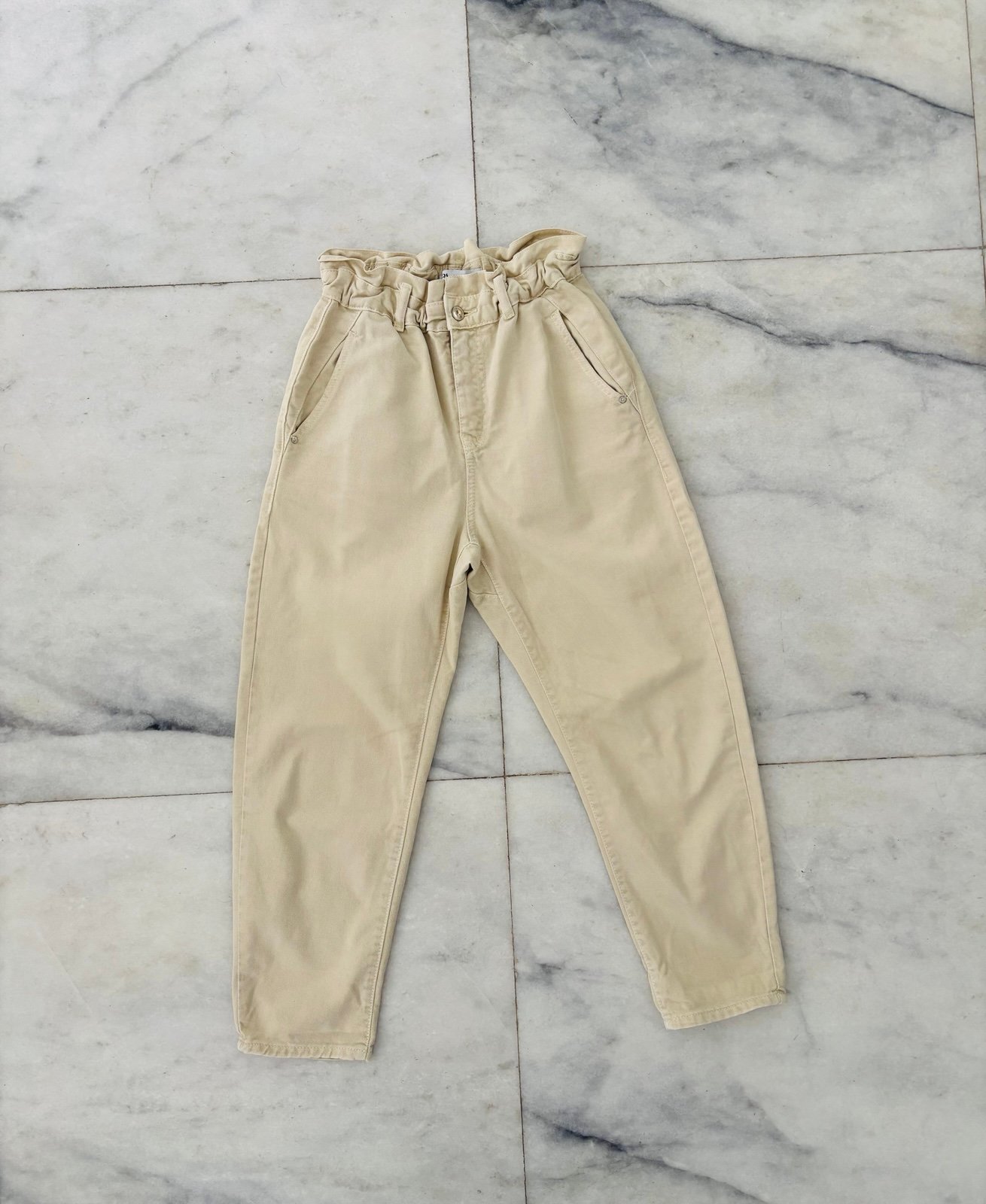 Zara Barrel Jeans High Rise Denim Paper Bag Waist Beige Cotton Women's 4