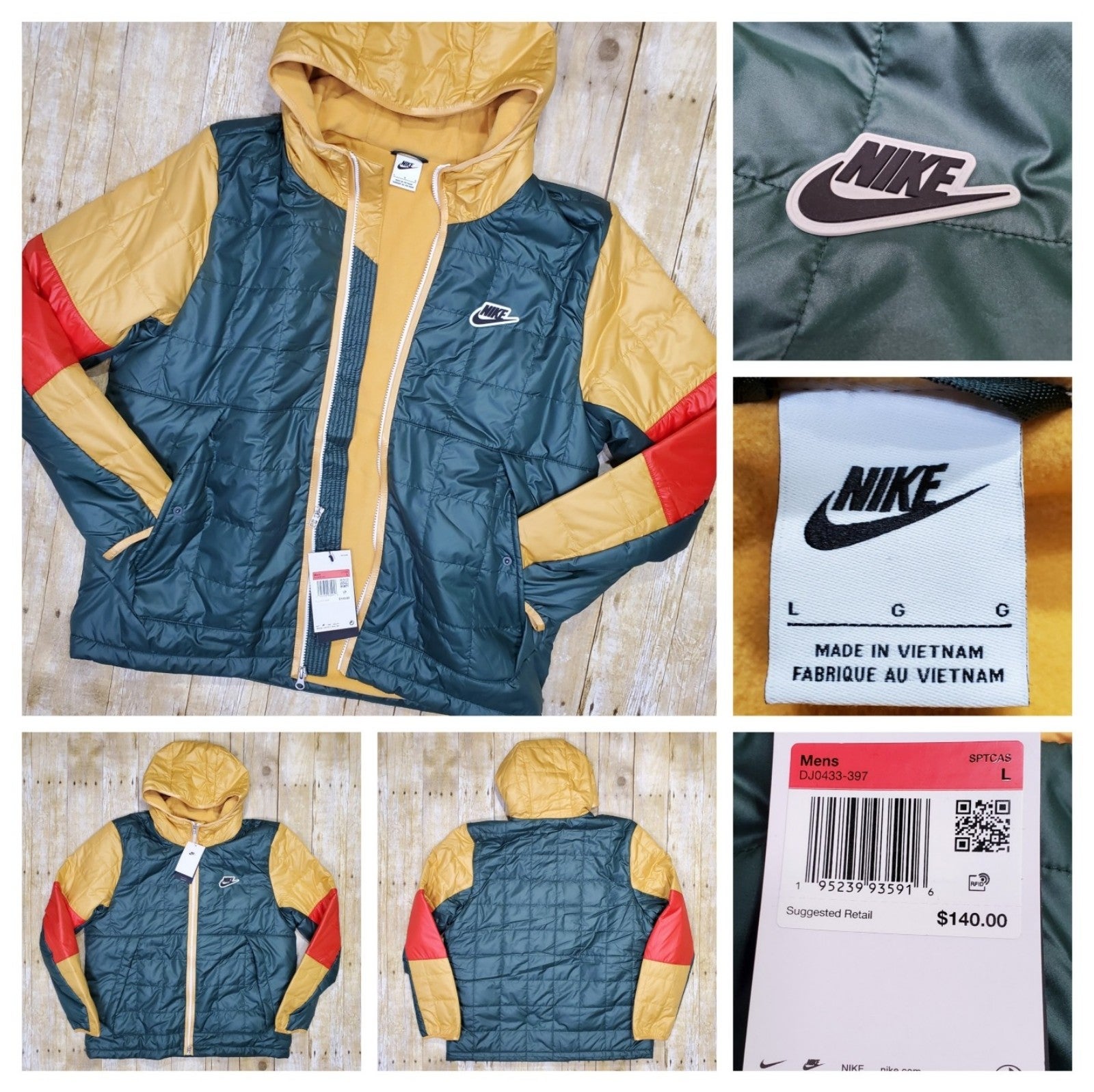 New Nike Synthetic Fill Zip Jacket Coat Green Gold Red Men's Large DJ0433-397