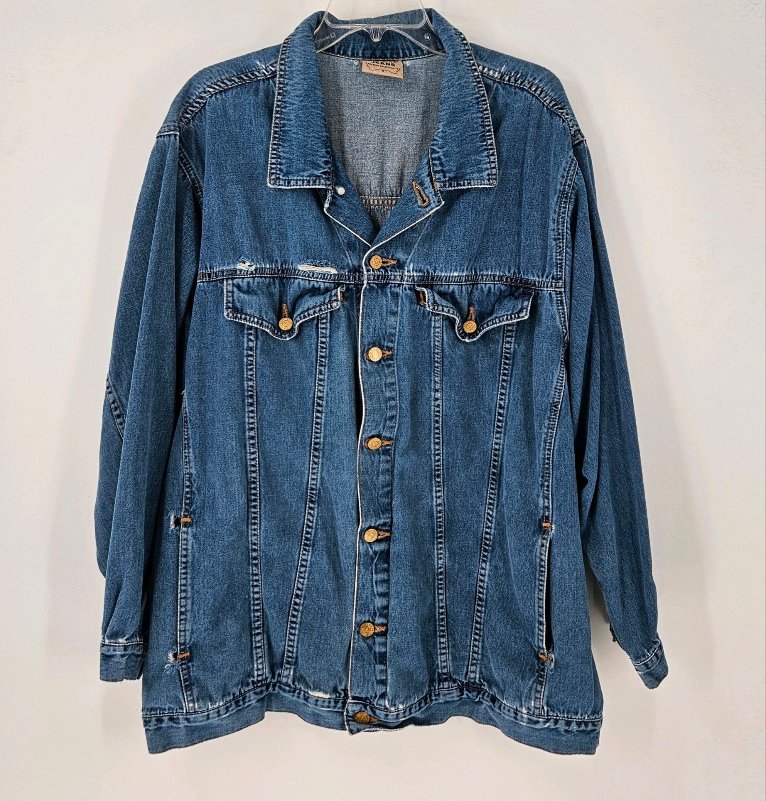 VENEZIA JEANS Women Distressed Vtg Denim Blue Jacket Sz 20 Pockets Mid Length