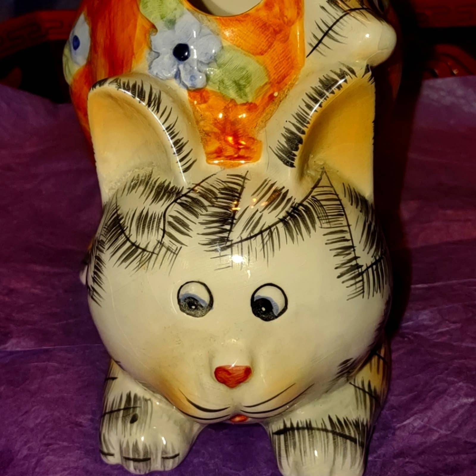 Unique~one of a kind~vintage crazy looking ceramic cat pencil holder! Cute!