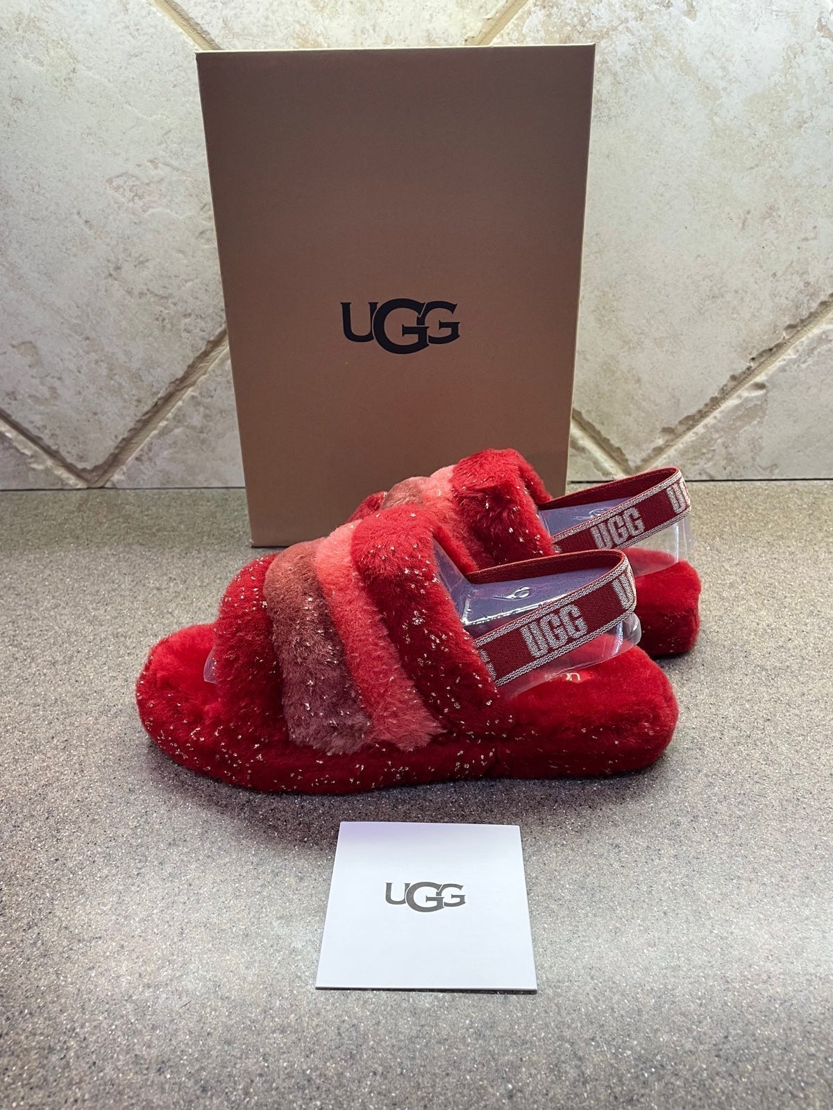 UGG Fluff Yeah, Red Metallic Slipper Youth Size 6, EU Size 38, Women’s Size 7