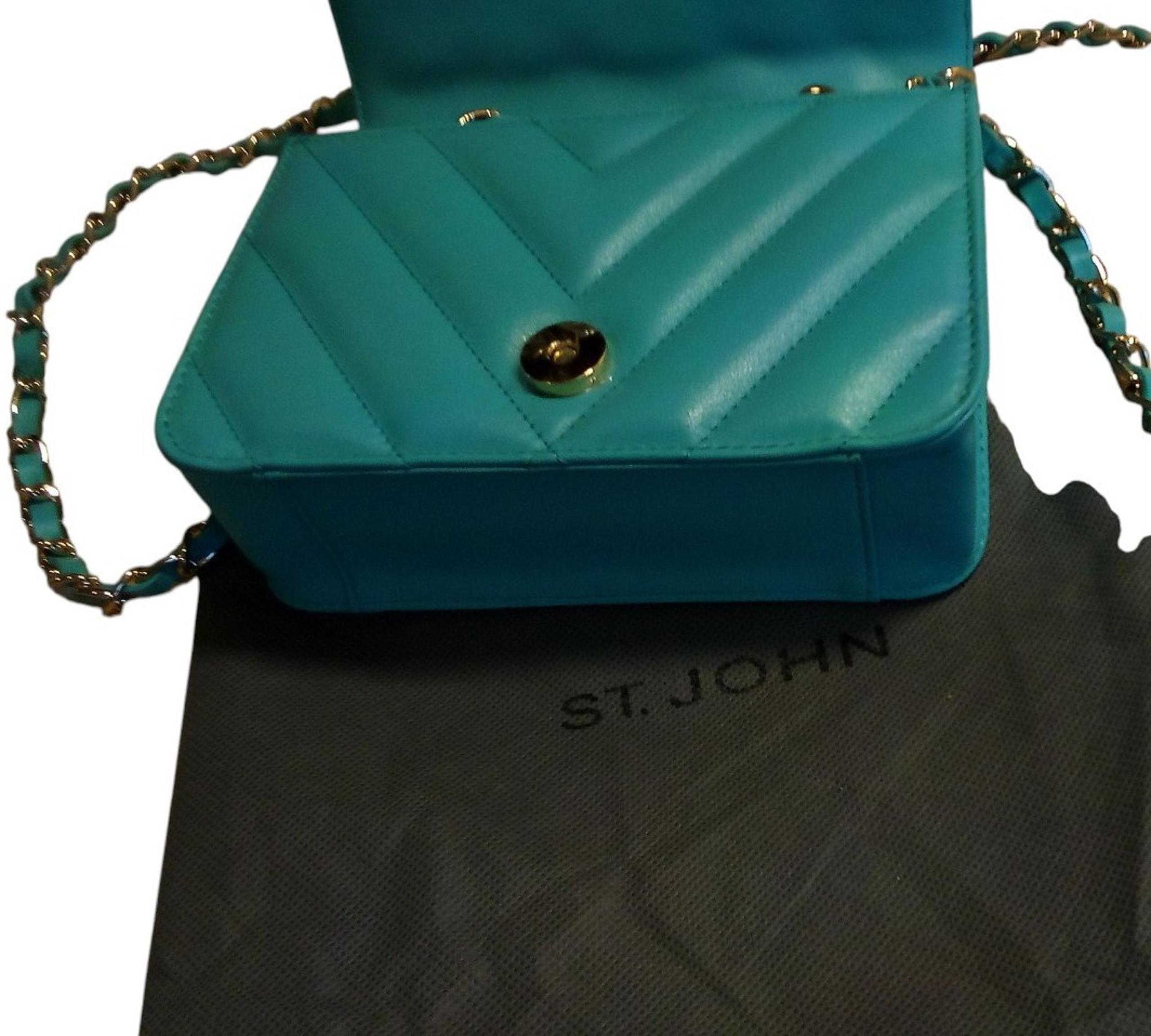 St. John Quilted Clutch Chevron Pattern Turquoise & Gold Shoulder Strap Dust Bag
