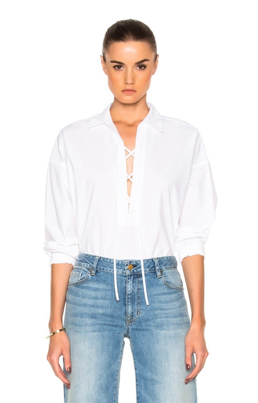 Nili Lotan Shiloh Lace Up Neckline White Cotton Long Sleeve Blouse Size Small