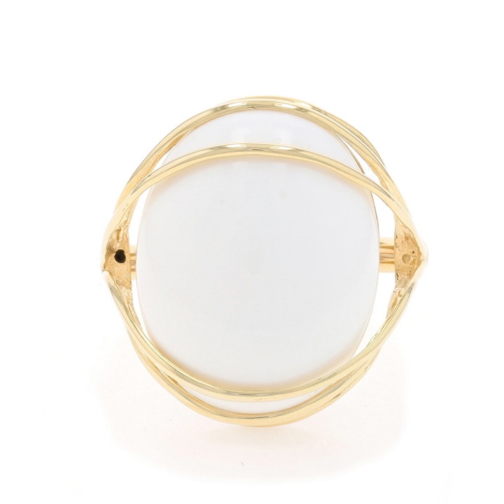 Yellow Gold White Agate / Chalcedony Cocktail Solitaire Ring 14k Oval Cab LX4243