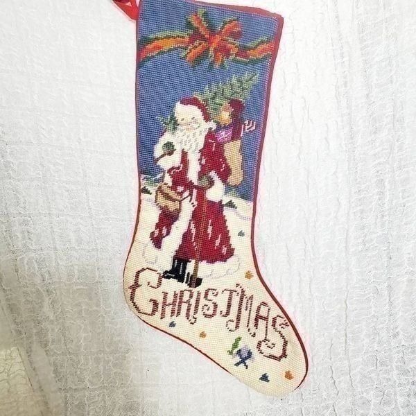 VTG Old Time Santa Wool Needlepoint Christmas Stocking