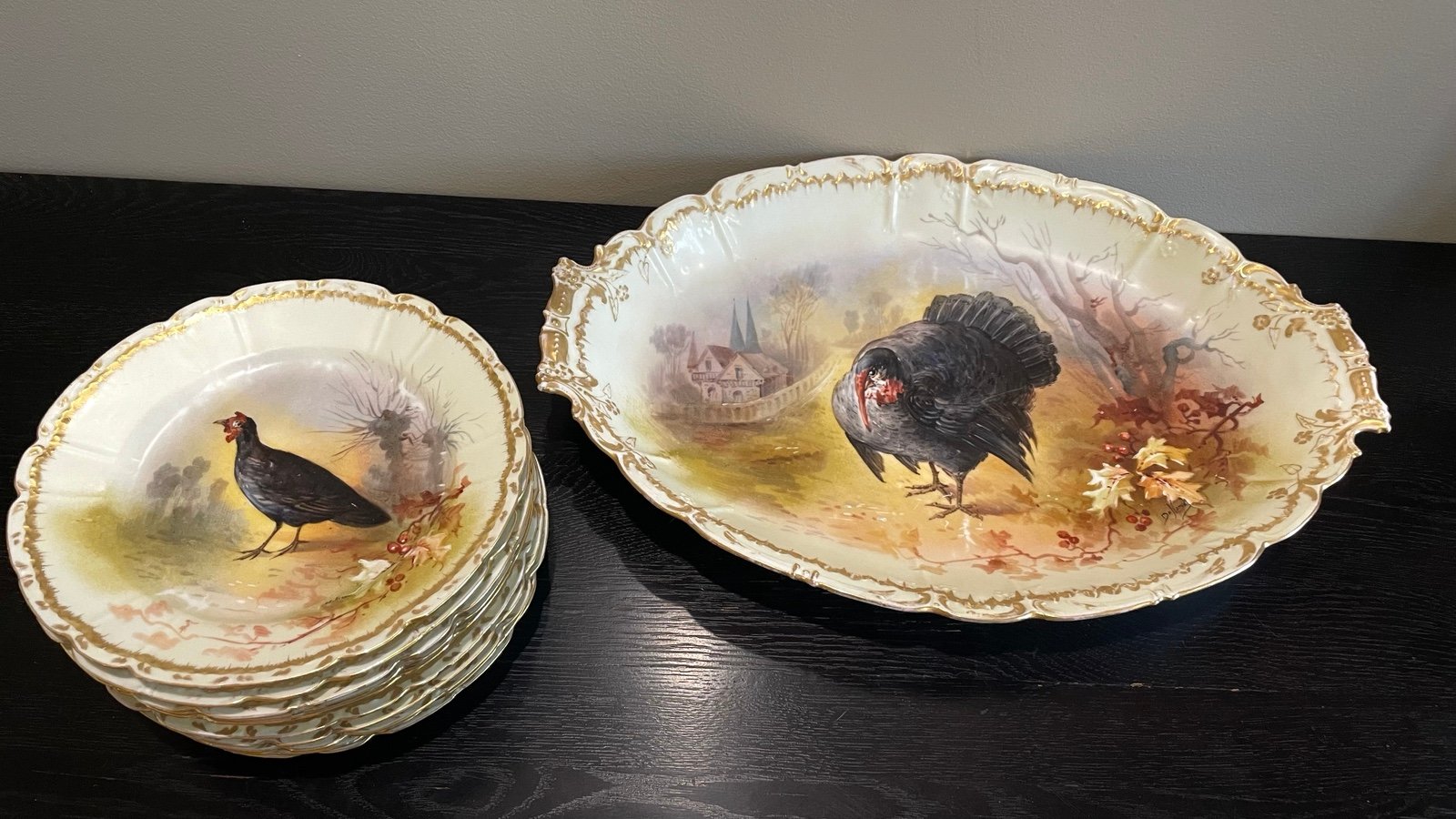 Vintage Handpainted Coiffe Limoges Turkey Game Plates and Platter By De Nerval