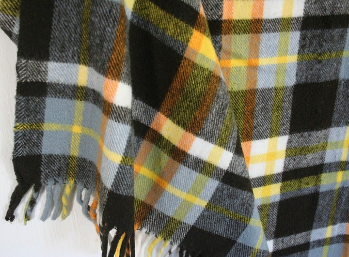 Vintage retro throw stadium picnic blanket plaid tartan yellow brown gray